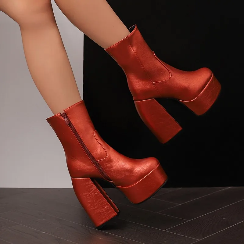 2023 New Sexy Chunky High Heels Ankle Shoes For Women Punk Style Zipper Thick Platform Green Blue Red Short Booties Plus Size 47