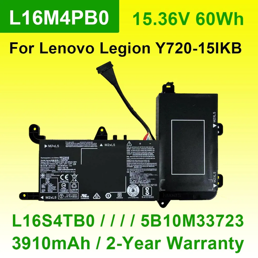 15.36V 60Wh 3910mAh L16M4PB0 Laptop Battery For Lenovo Legion Y720-15IKB 80VR,Y710 SIT Series L16S4TB0 5B10M33723 5B10M33724