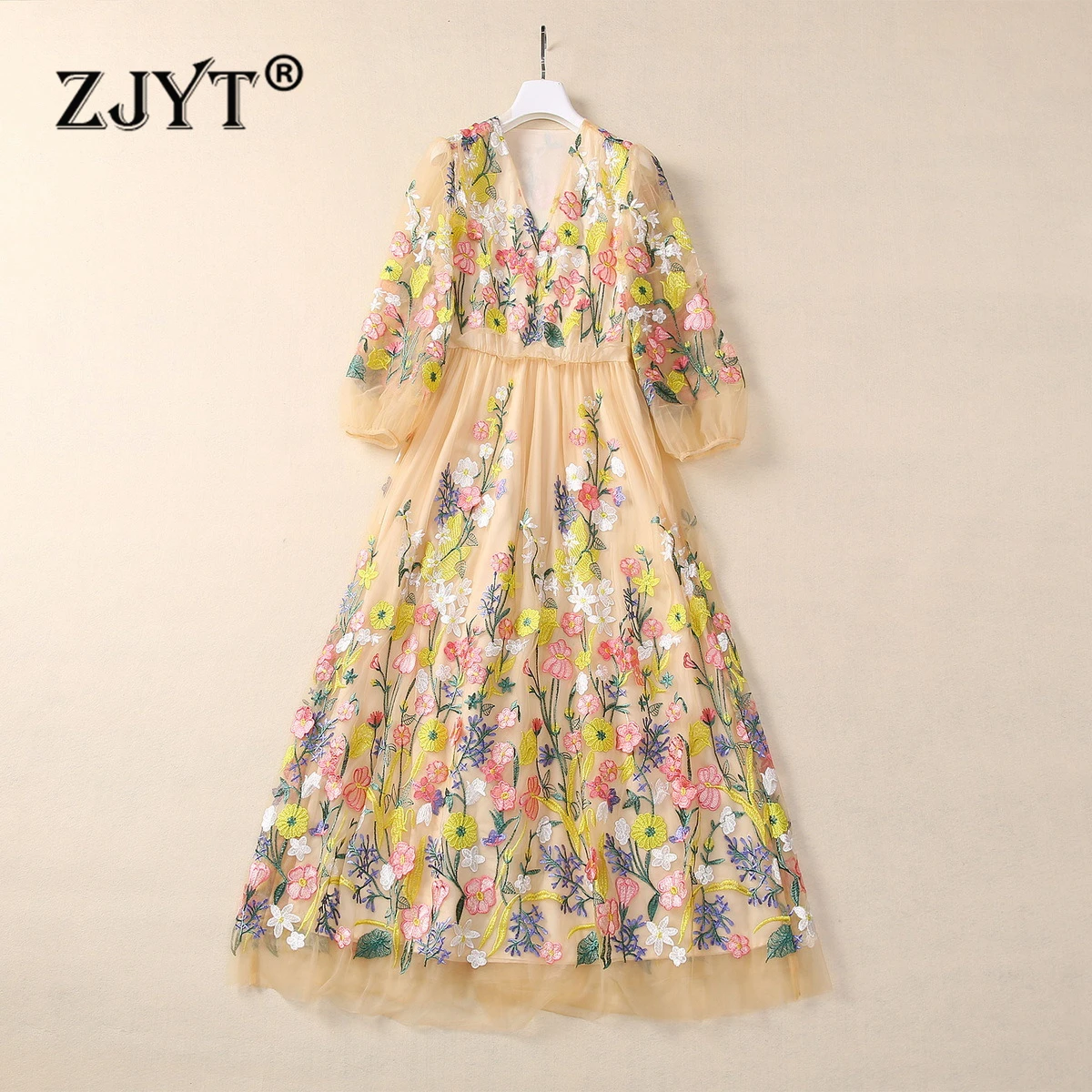 

ZJYT Luxurious Floral Embroidery Gauze Dress Women Designer V Neck Long Evening Party Dresses Elegant Summer Vestidos Female