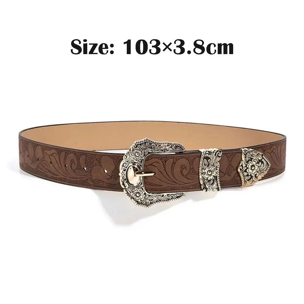 Ikat Pinggang Kulit PU Antik Mewah Y2k dengan Sabuk Gesper Pin Gesper Berukir Logam Sabuk Pinggang Cowgirl Serbaguna