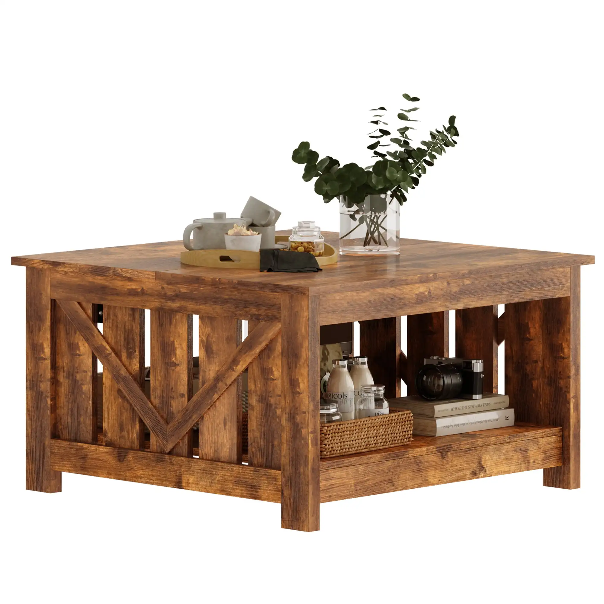 Lift Top Coffee Table with Storage Cabinet and 2 Compartments for Living Room, brown, 31.5''Hx31.5''W in