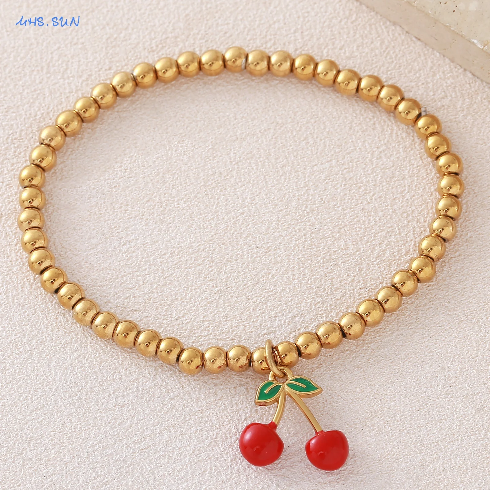 MHS.SUN Gold Plated Stainless Steel Beads Bracelets Fashion Enamel Cherry/Strawberry Charm Daily Jewelry Gift For Women Men