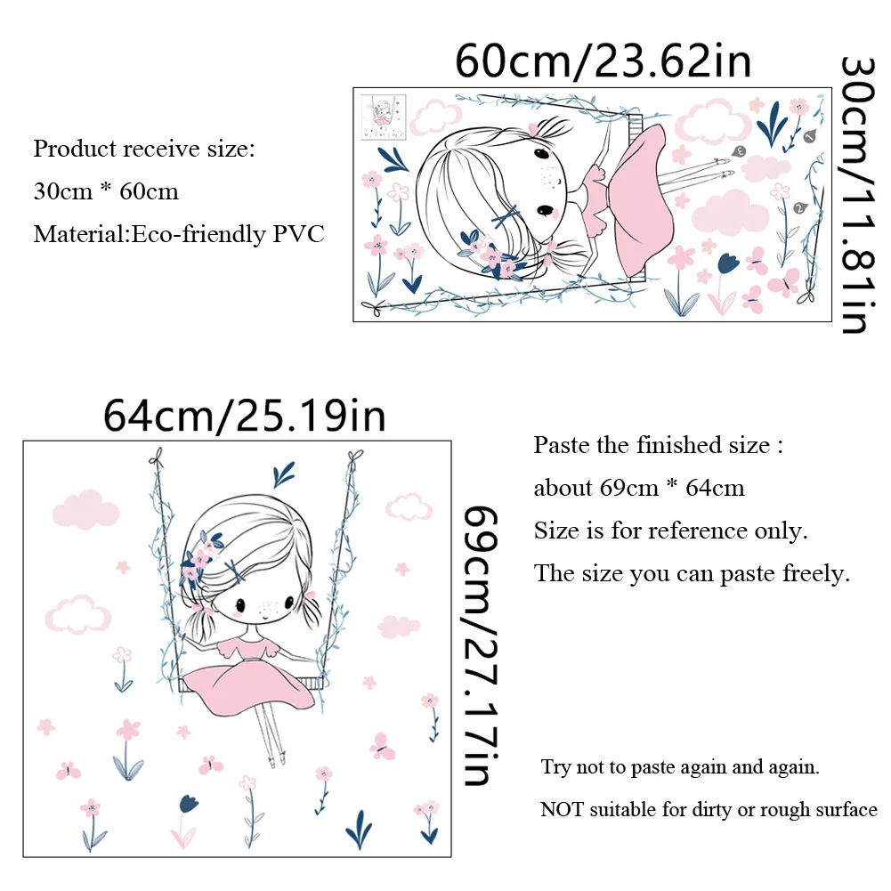 Cartoon Girl Swinging Wall Stickers Kids Girls Room Background Decor Bedroom Home Decoration Wallpaper Self-adhesive Mural
