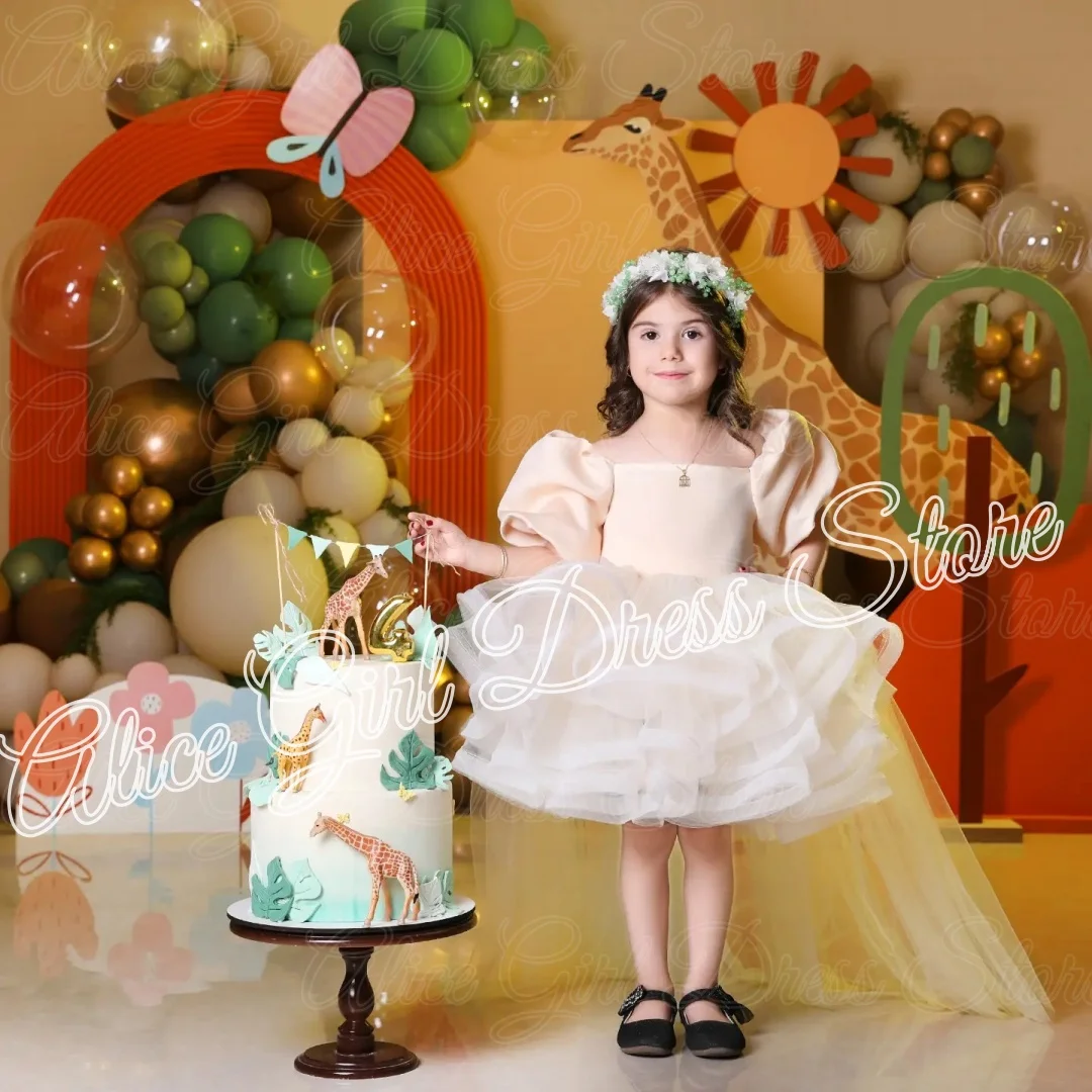 Customized Flower Girl Dress for Wedding Puffy Sleeves Knee Length Ruffles Lovely Baby Girl Birthday First Communion Gowns