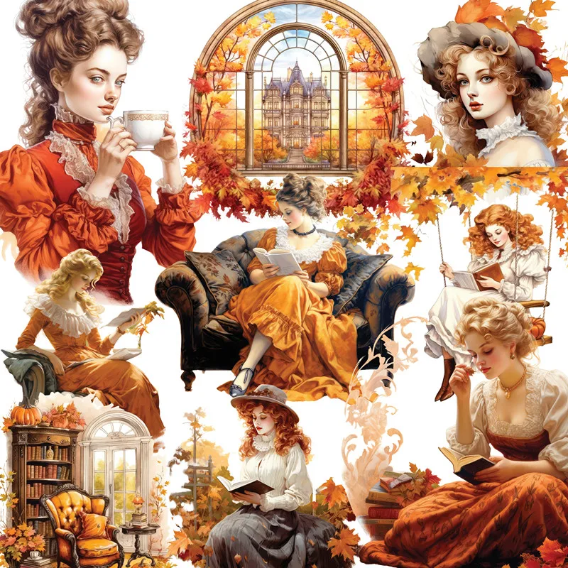 Autocollants filles d'automne vintage, 12 pièces/paquet, bricolage artisanat scrapbooking album junk journal autocollants décoratifs