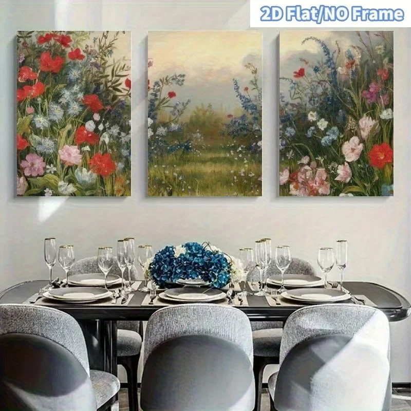 2D Flat, 2D Flat, 3pcs 2D Flat Frameless Floral Wall Art Decor Theme Canvas Paintings, Suitable for Halloween, Christmas, Win