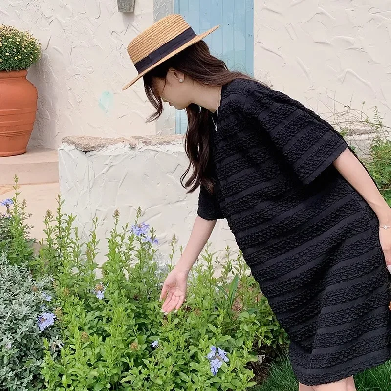 

Extra Large Size 300 Pounds Hepburn Style Mid-Length Women's Dress Summer Korean Version Slimming T-Shirt Dress Belly Covering