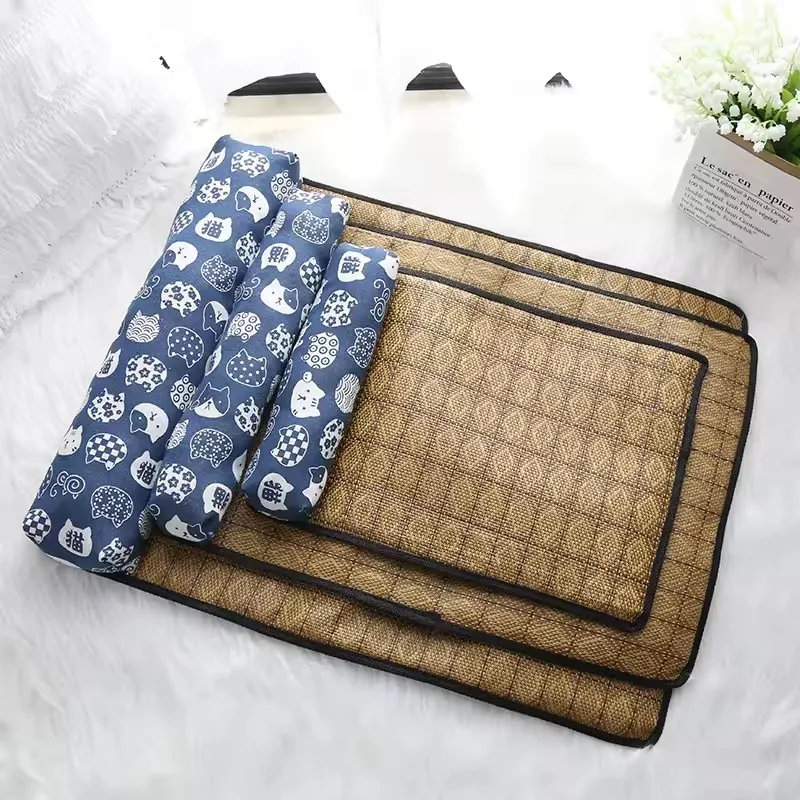 Cat Natural Cooling Mat Summer Pet Self Cooling Pad Cat Bed Mat for Dogs Indoor Rattan Weave Mat Sleeping Cat Bed