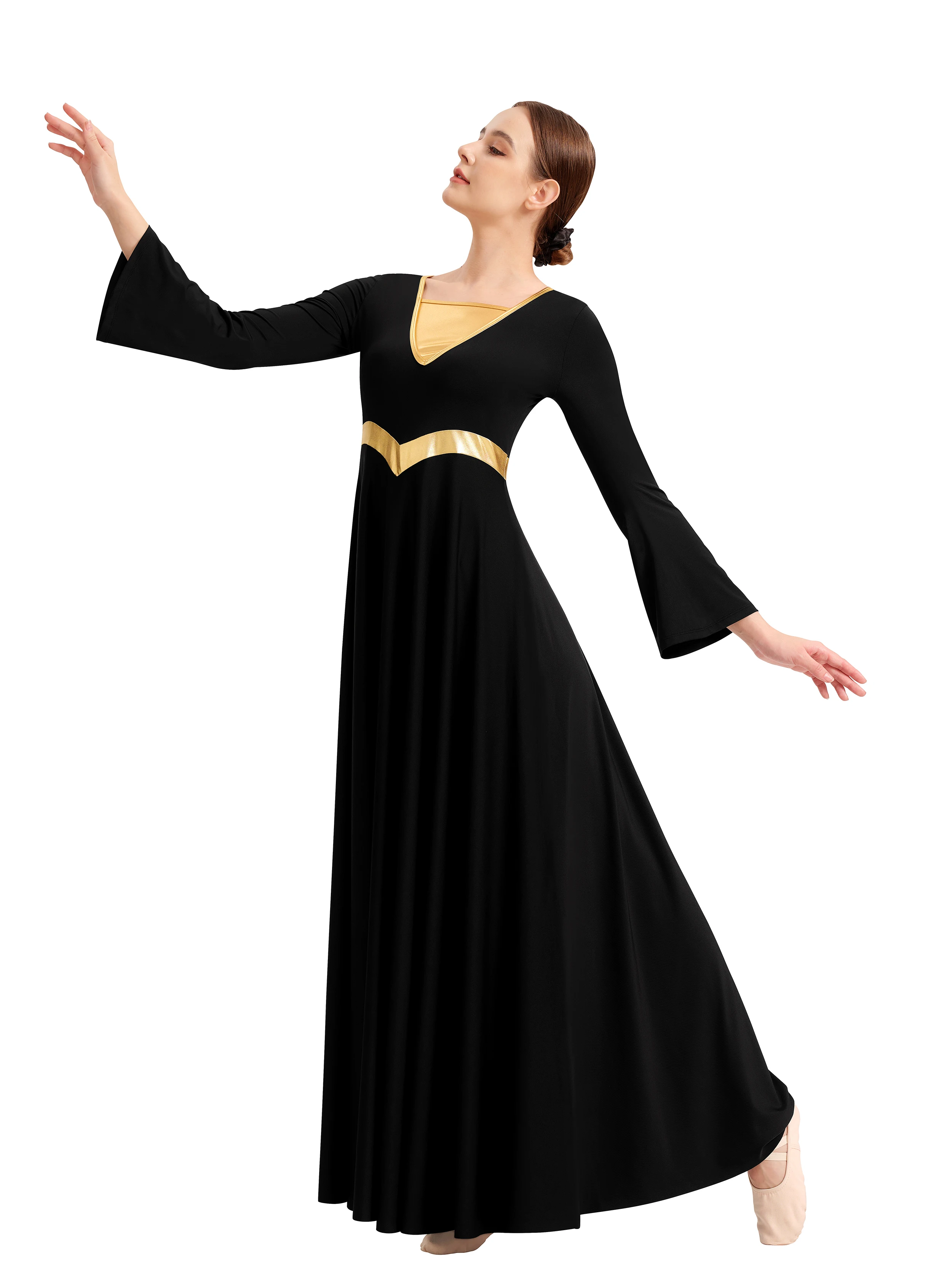 iWomen Abito da ballo di lode con giunture metalliche, taglio libero, costume liturgico da culto a maniche lunghe per adulti con gonna svasata svasata