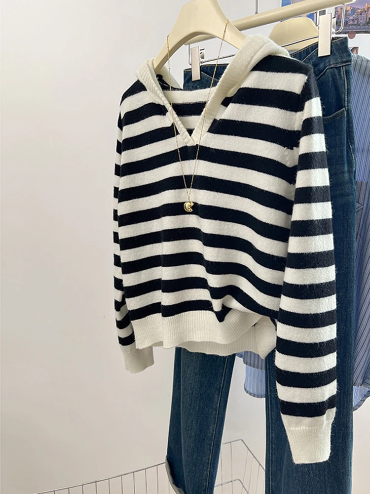 

Women Clothing Korean Fashion Striped Hooded Sweater Casual Versatile Hoodies Long Sleeve Loose Pullover Knit Tops