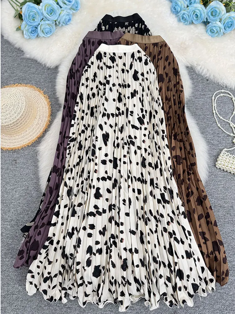 New 2026 Women Summer Leopard Print Pleated Skirt Female Elegant Versatile Casual Long Skirt