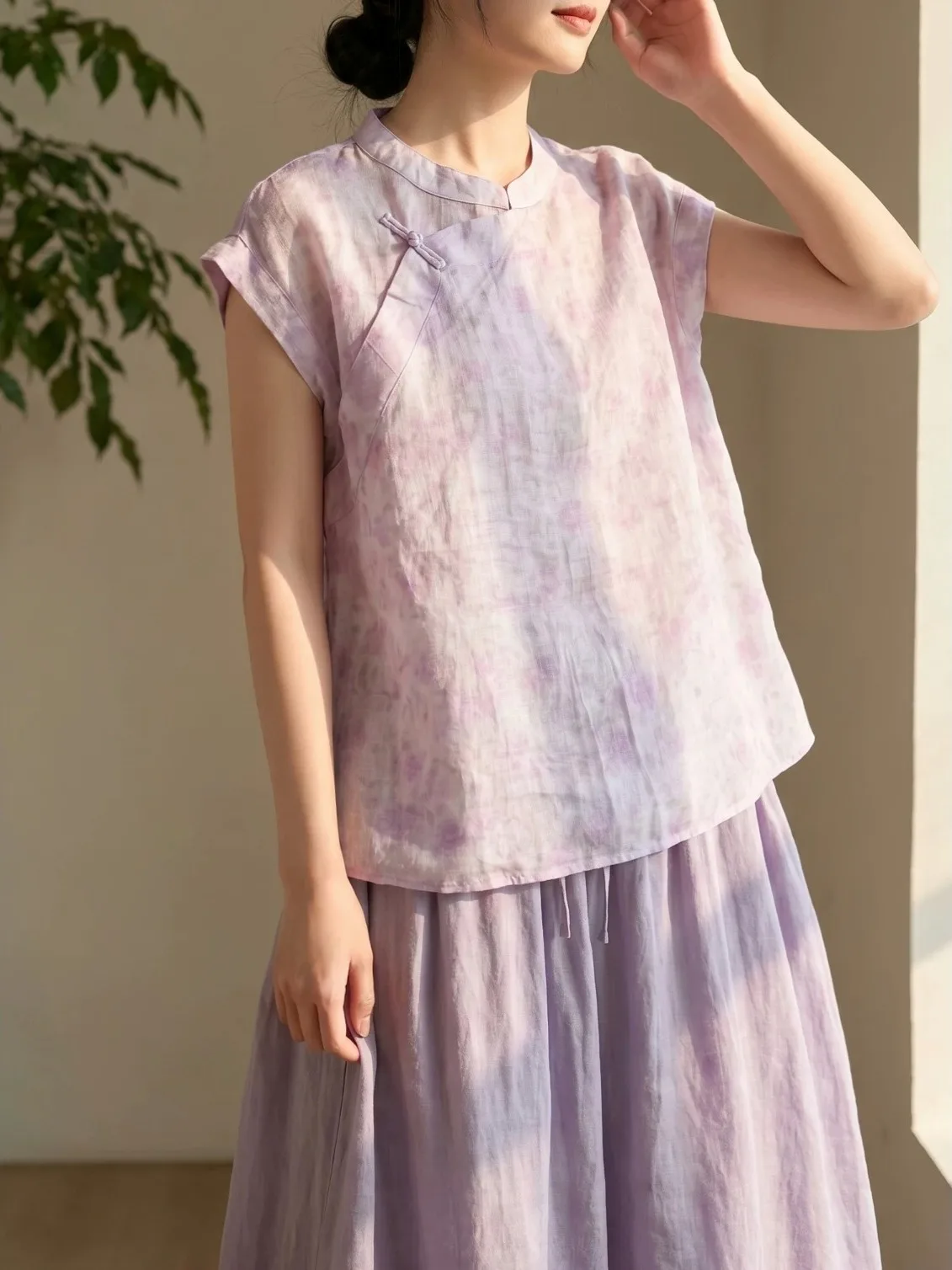 New Chinese Style Dyed Shirt Women's Summer New Retro Reformed Oblique Button Stand Collar Small Top Breathable Loose Fit