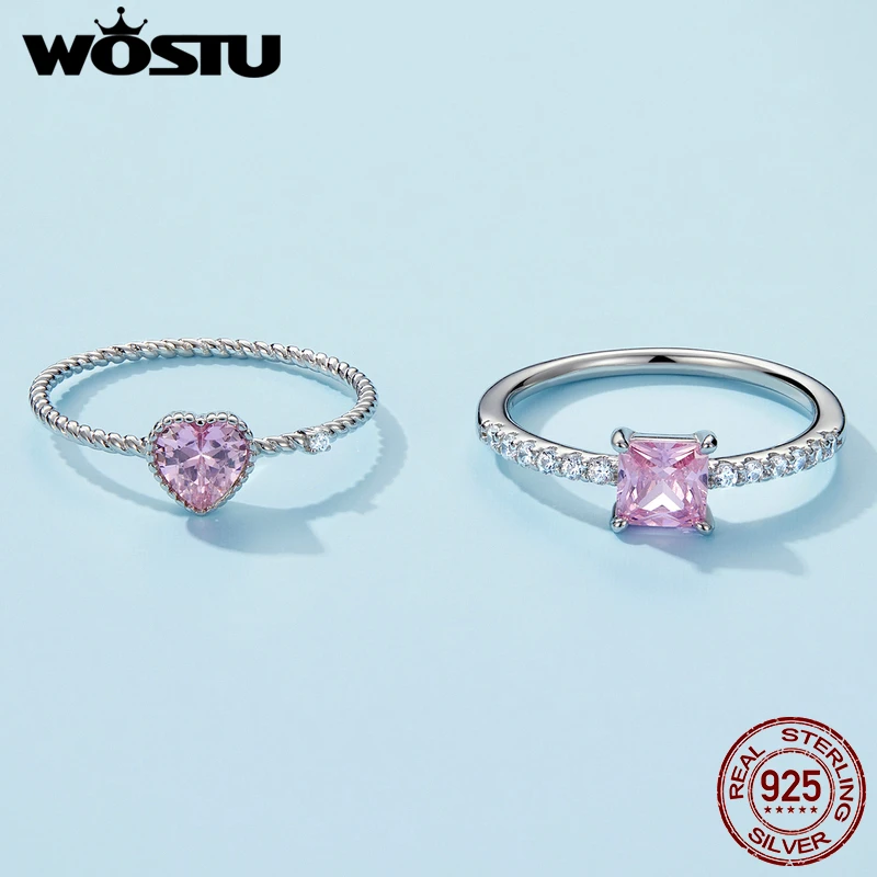 WOSTU 925 Sterling Silver Cross Love Heart Band Rings For Women s925 Black Rose Red Pink CZ Jewelry Wedding Accessories Gift