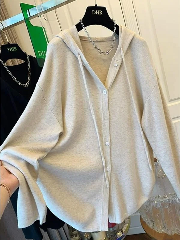 

Large Size American Retro Lazy Style Hooded Knitted Sweater Cardigan Loose Autumn Winter Outerwear Top for Women