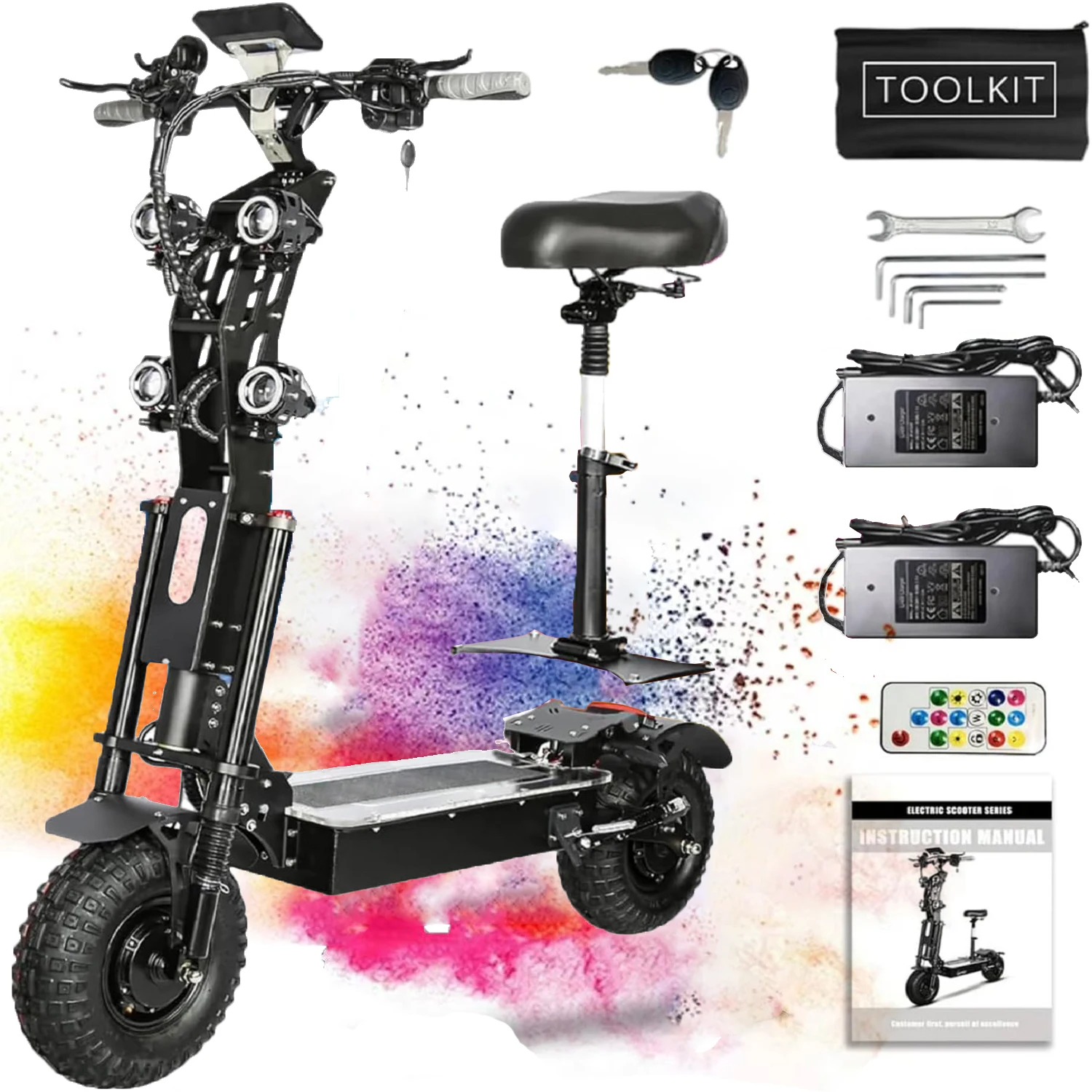 

Электрический самокат для взрослых с сиденьем, мощный двойной двигатель мощностью 10000 Вт, максимальная скорость 65 миль в час, максимальный диапазон 75 миль, большая емкость 60 В/50 Ач