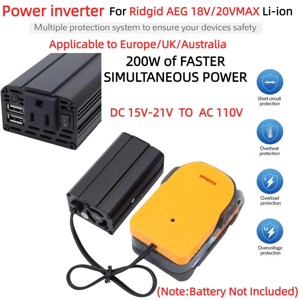 

200W Portable Power Inverter Outlet Adapter for Ridgid AEG 18V/20V Battery DC 18V To AC 220V with USB 5V 2.4A for UK EU AU