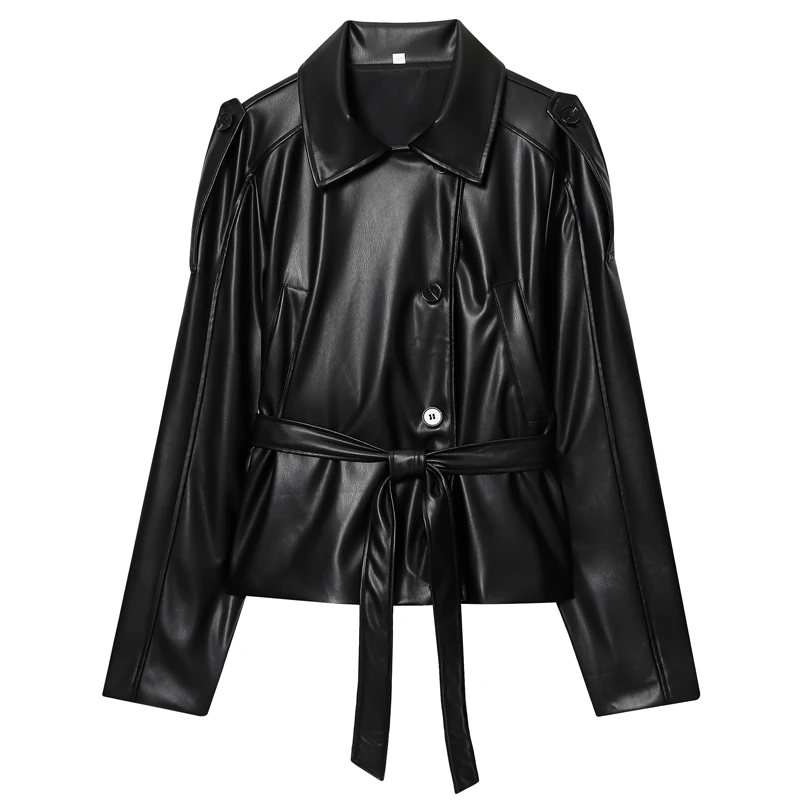 معطف نسائي من الجلد الصناعي معطف خريفي أسود للنساء جديد في المعاطف والسترات سترة واقية ملابس الشارع الشهير بأكمام طويلة