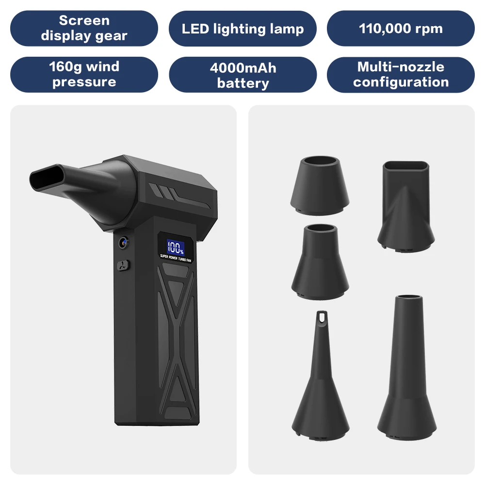 P70 مروحة عنيفة Turbofan 110000 دورة في الدقيقة منفاخ غبار عالي السرعة 160 جرام مكنسة كهربائية محمولة محمولة بقوة 4000 مللي أمبير في الساعة