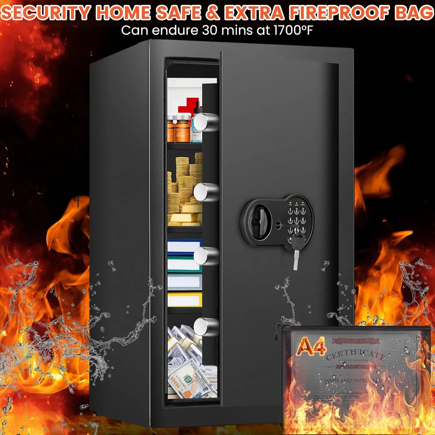27.56'' Fireproof Safe Box with Digital Keypad, Waterproof Bag & Removable Shelves for Home Security
