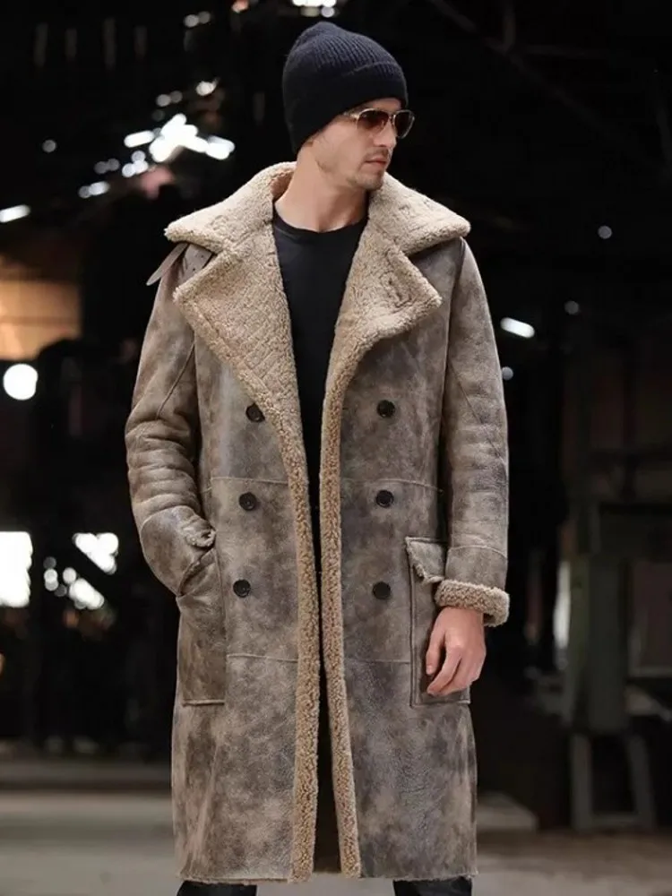 Natural Shearling Overcoat Mens Double Breasted Long Windbreaker Trench Coat Sheepskin Genuine Leather Real Wool Lining Jacket