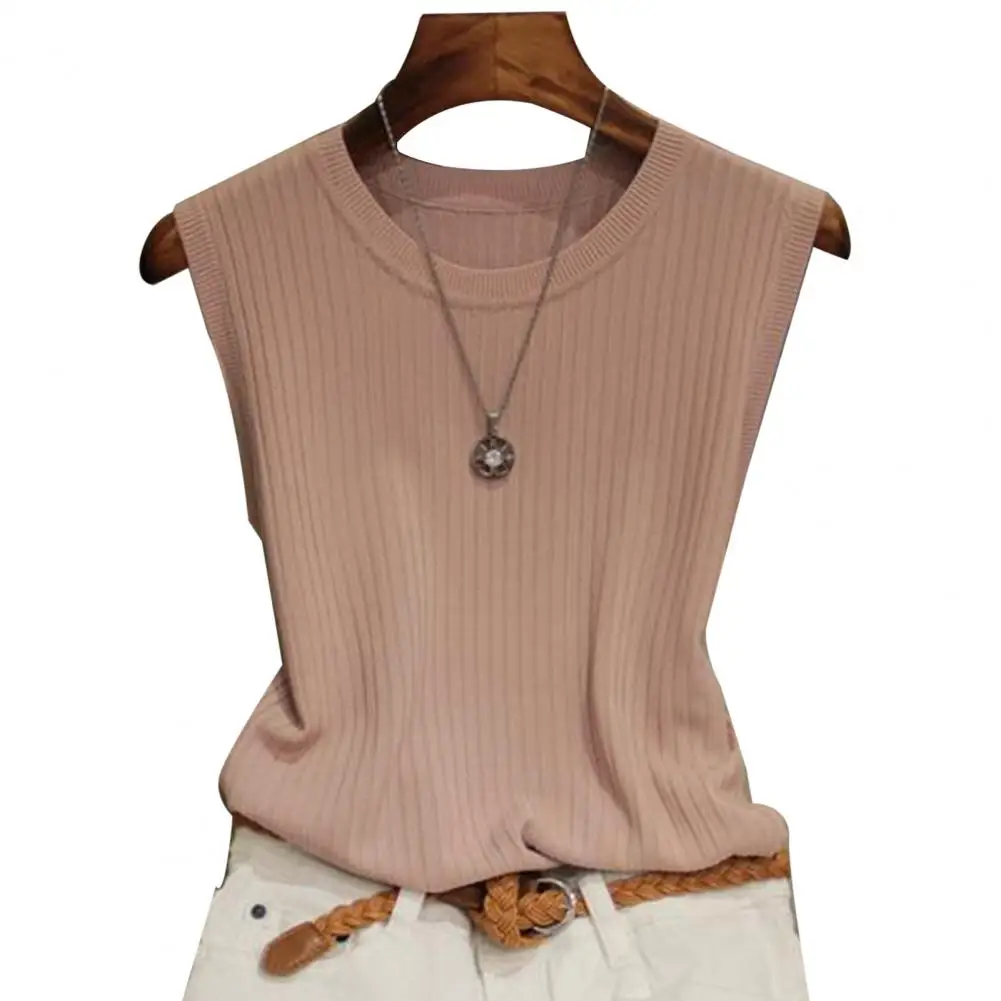 Women Blouse Summer Vest O-Neck Sleeveless Slim Tank Tops Solid Color Knitting Camisole Thin Bottoming Top