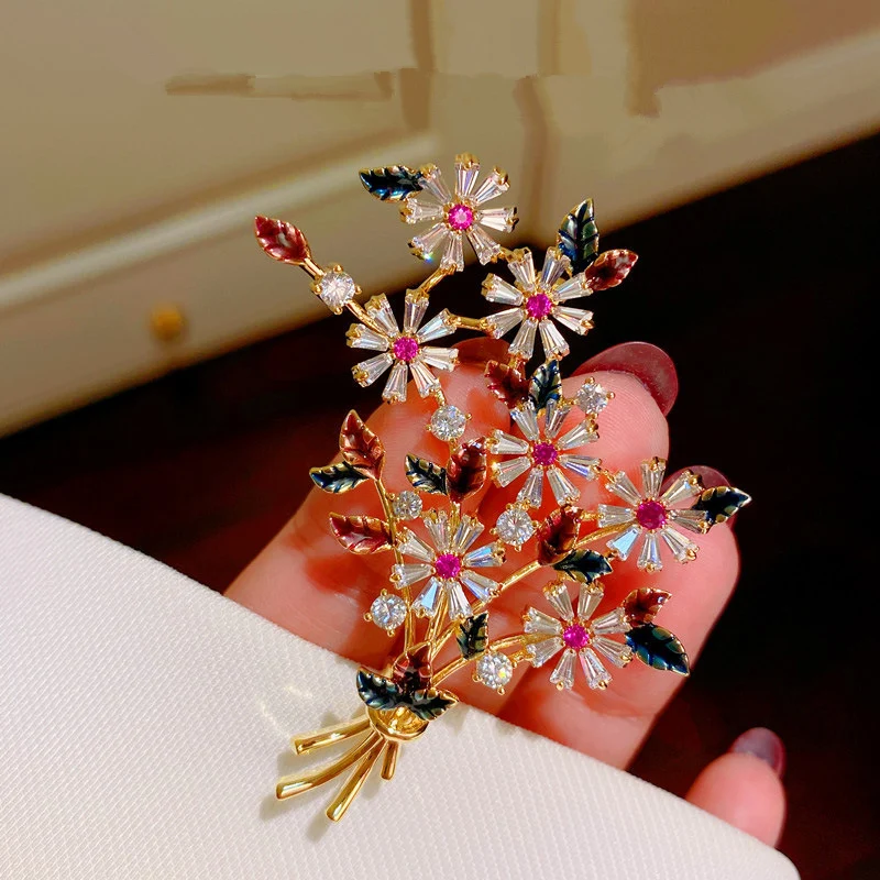 Flower Pin Brooch For Women Gold Color Cubic Zircon Stone Fashion Accessories Party Cloth Dress Buckle Decoration Gift