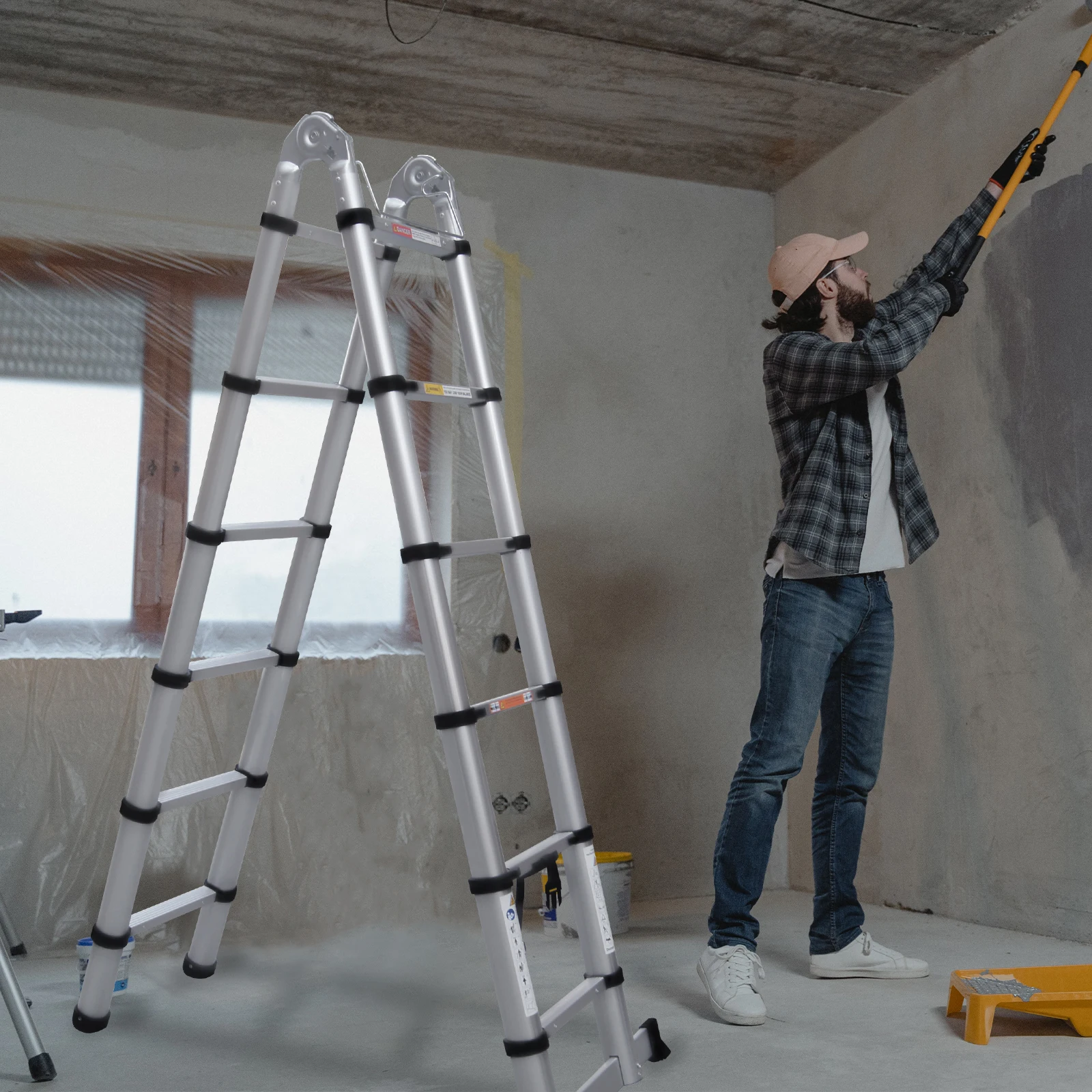 Aluminum 3.8m/12.5ft Folding Telescopic Ladder Extendable 16 Steps, Can Be Straight Or A-Frame Ladder, 150KG Capacity