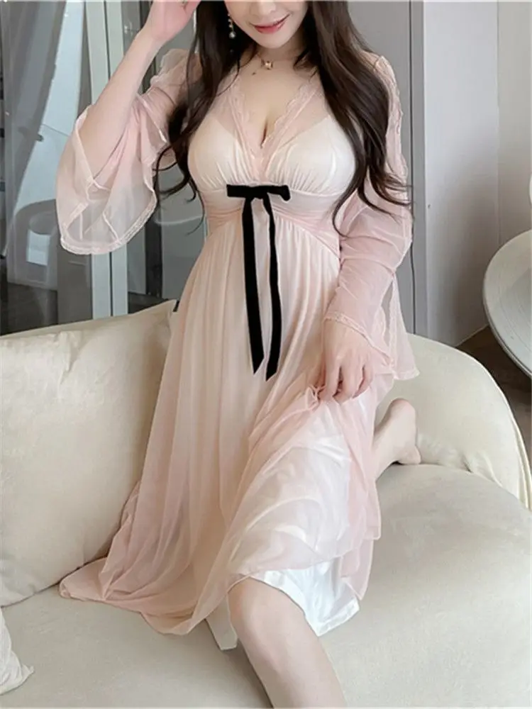 Beautiful Nightdress Palace Style Sexy Lace Pajamas Summer New Style Sweet Bowknot Fairy Long Sleeve Pajama Dress