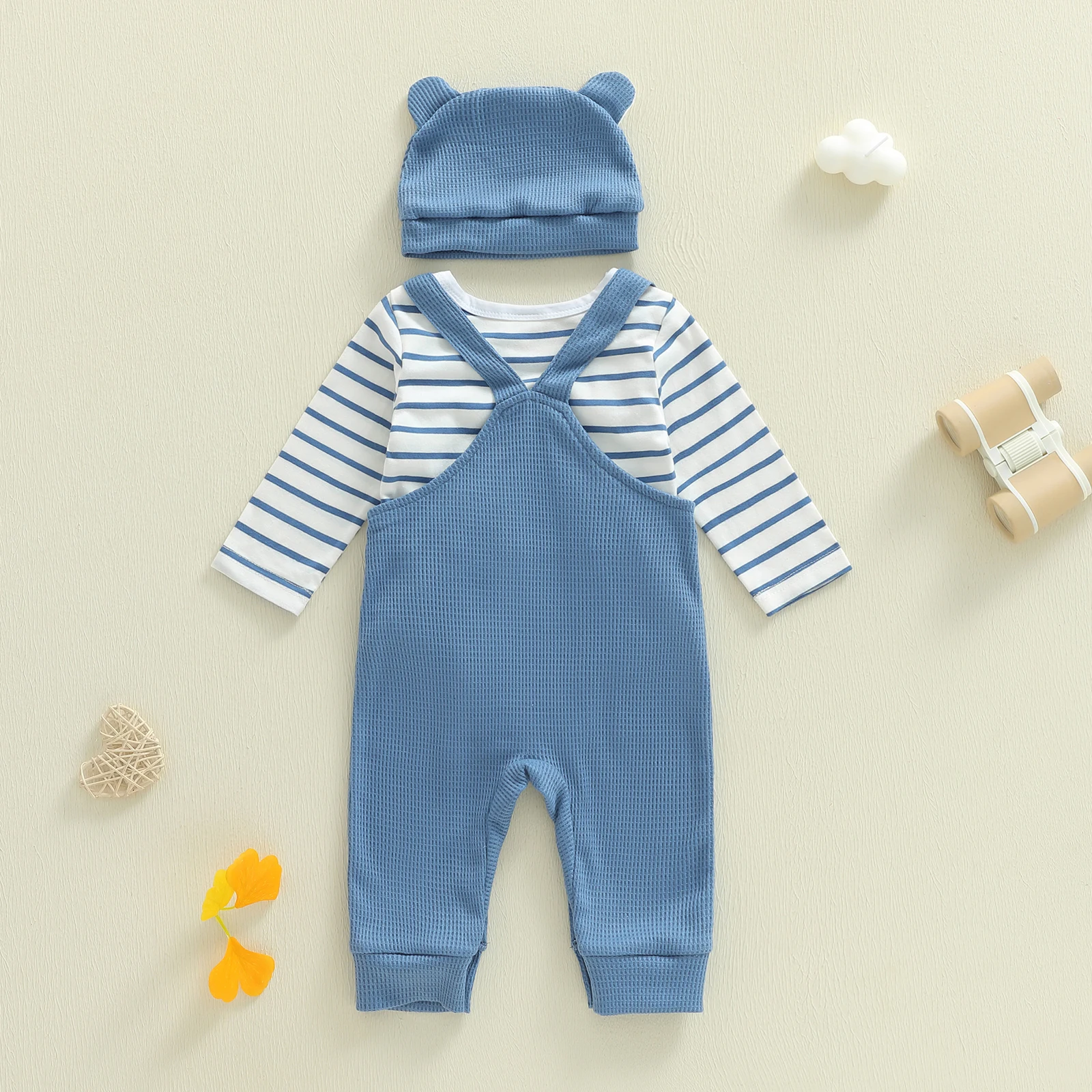 Toddler Baby Boys 3PCS Outfit Sets Long Sleeve Crew Neck Striped Romper Elephant Embroidery Suspender Pants Hat Sets
