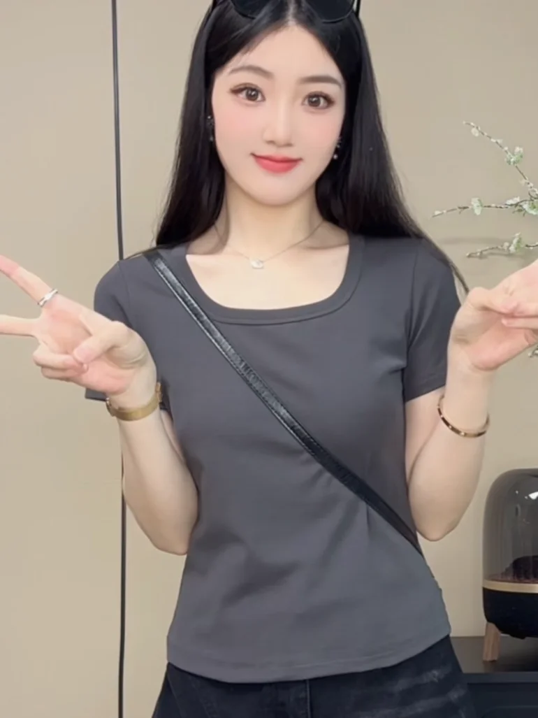 Slim Fit ort Sve T-shirt Dames Zomer Nieuwe Sle Casual Hoge Elastici Veelzijdige Losse Top Vierkante Kraag Basis irt