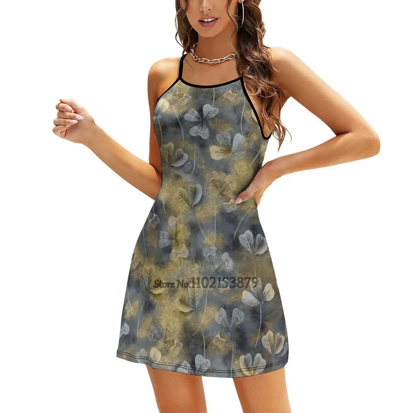 Golden Luxury Clover Leaves. Square Neck Dress Summer Dress Women Elegant Halter Print Dress Clover Trefoil Leaves Golden Gold