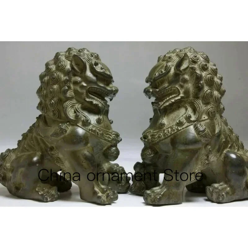 

China Bronze Animals FengShui Foo Fu Dog Wealth Lion Ball Head Statue Pair