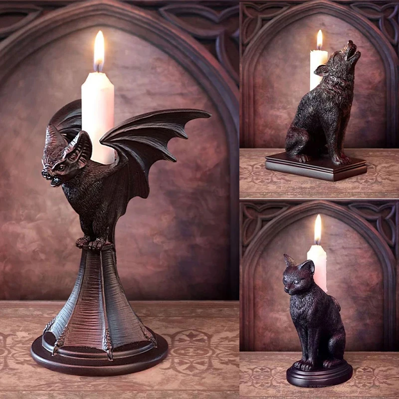 Gothic Candle Holder Vintage Cat Wolf Bat Statue Halloween Candlestick Holder For Home Party Decoration Resin Sculpture