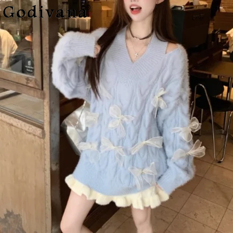 

Большой размер, женский осенне-зимний новый утолщенный топ с открытыми плечами и милым бантом, свободный элегантный вязаный свитер с v-образным вырезом и длинными рукавами