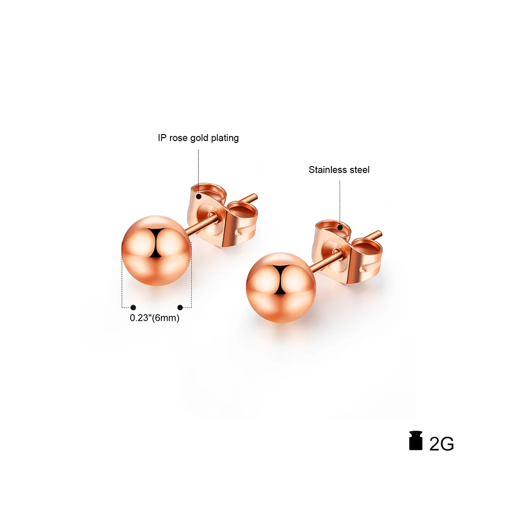 Lokaer Top Quality Rose Gold Color Stainless Steel Romantic Stud Earrings Sweet Cute Round Beads Earring Jewelry For Girl E18115