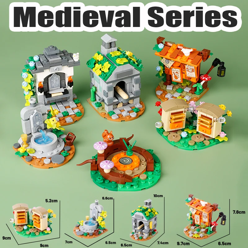 MOC castello medievale serie Building Blocks Street View cavalieri soldato figure piscina a nido d'ape pane forno armi mattoni giocattolo regalo