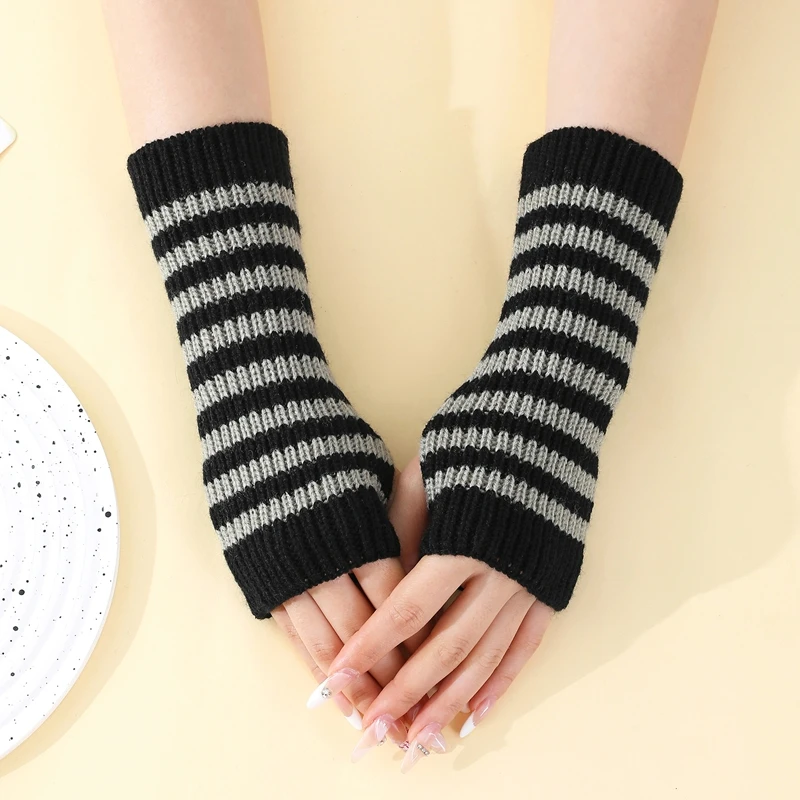 Short Striped Fingerless Gloves Knitted Arm Warmers Women Autumn Winter Wrist Sleeves Soft Thumb Hole Hand Warmer Mitten - view 5