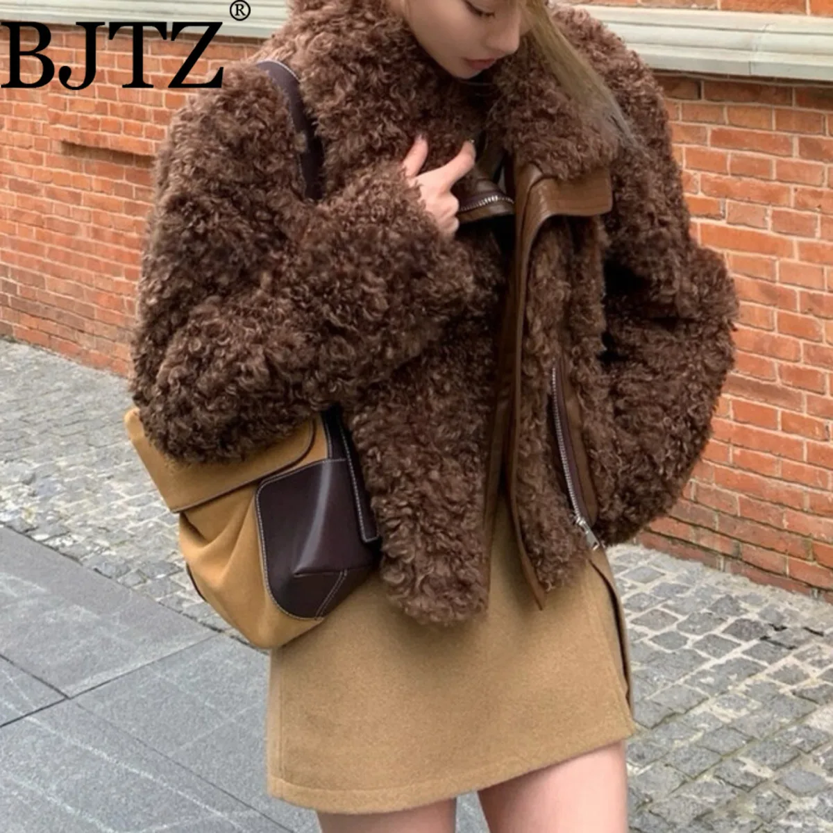 

BJTZ 2025 Lamb Wool Short Jacket New Fashion Elegant Patchwork Lapel Collar Zip Minimalist Premium Office Warm Winter
