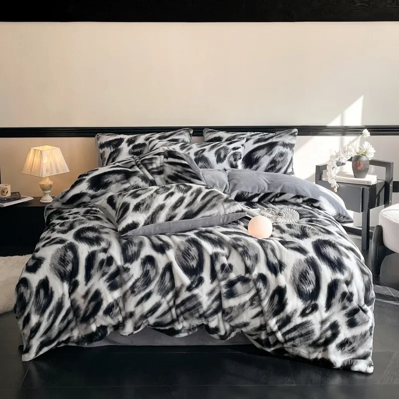 2025 New Zebra Pattern Warm Rabbit Fleece Four-piece Set Winter Milk Fleece Thickened Quilt Cover Sheet Double-sided Fleece