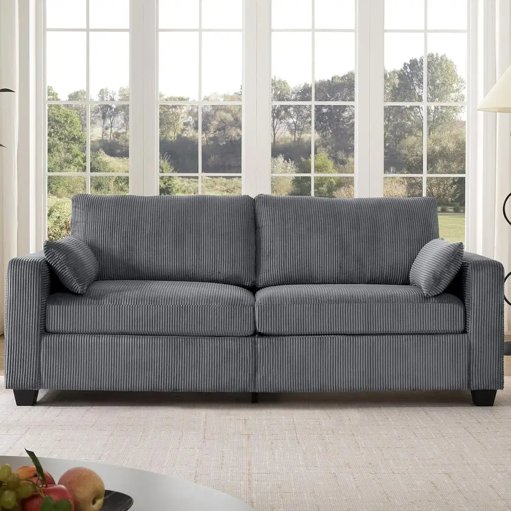 

Gray Corduroy Loveseat Sofa with Removable Cover, Spring Cushions, Solid Wood Frame, Wide Armrests for Living Rooms and Small Sp