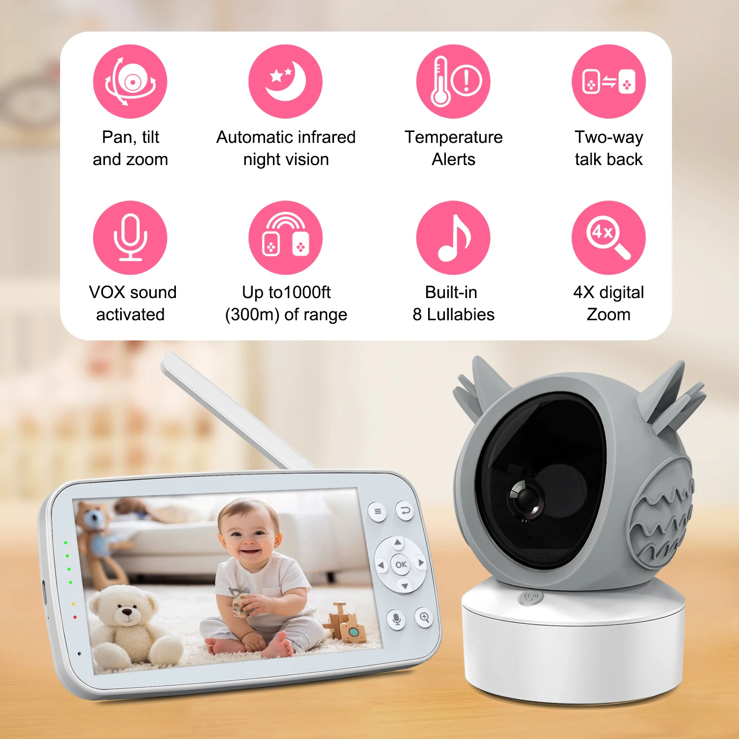 5 Inch Baby Monitor Camera with Video and Audio 1080P HD Night Vision 2 Way Talk Crying Detection Wireless Baby Pet Monitors
