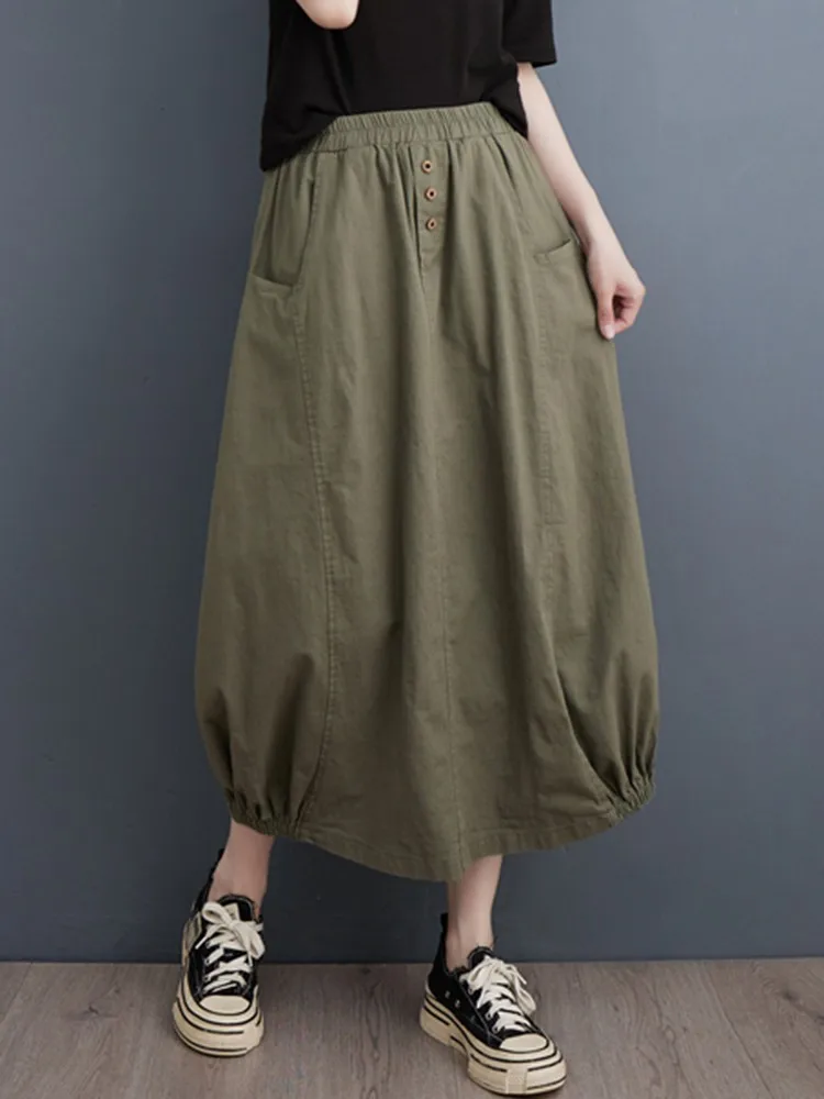 

High Waist Casual Skirts Women New Arrival 2023 Summer Vintage Style Solid Color Loose Female Cotton A-line Long Skirt B2551