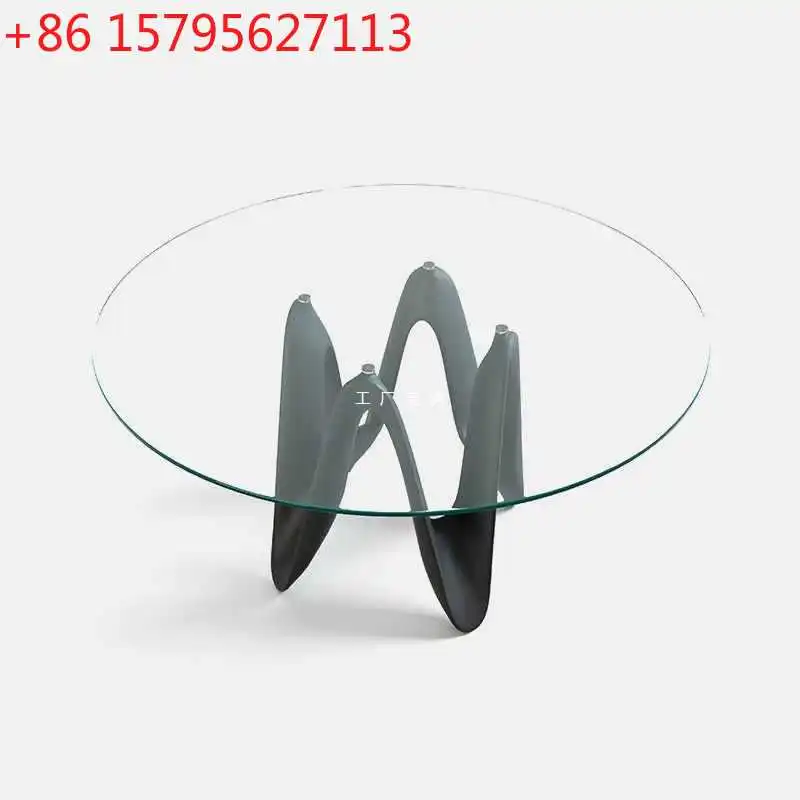 

Round dining table and chair combination Italian minimalist black walnut glass dining table large flat solid wood round meal
