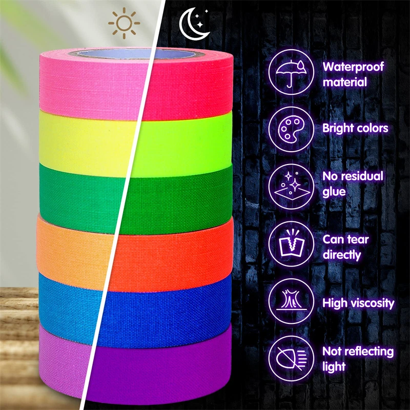 5Meter 6 Colors Neon Gaffer Cloth Tape Fluorescent Rainbow Color Party Non-Reflective Glow in The Dark Tape Under UV Black Light