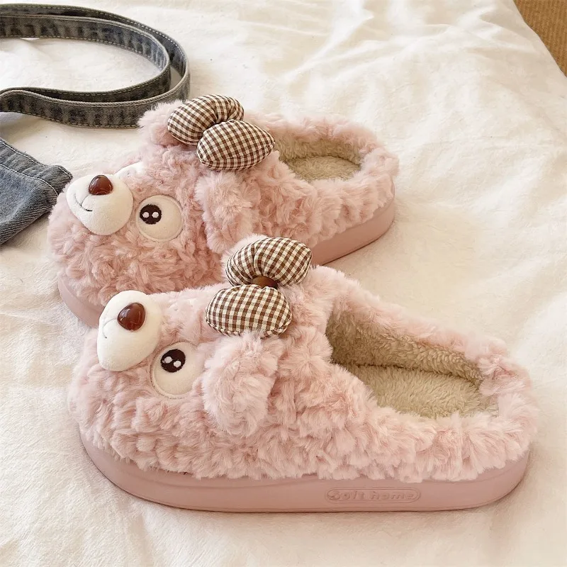 

Women's Cute Rabbit Plush Slippers, Soft Fluffy Furry Home Slides, Warm Winter Indoor House Shoes with Checkered Bow