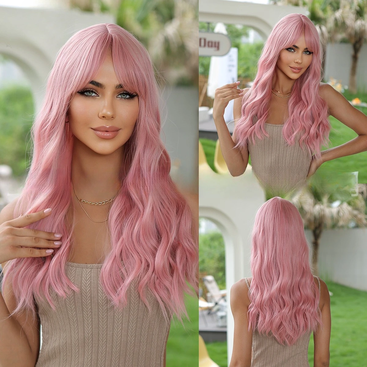 

European and American style pink chemical fiber wig headgear eight-character bangs water ripple long curly hair