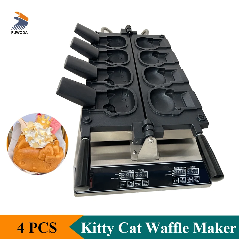 Electric Cat Shaped Waffle Baker Open Mouth Type 4 Pieces Taiyaki Cake Filling Ice Cream Waffle Making Machine Commercial Use