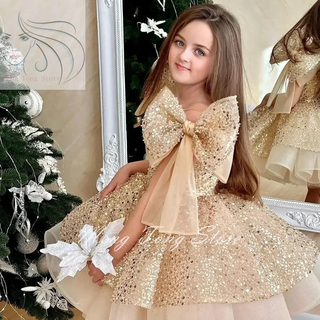 Champagne Flower Girl Dress For Wedding Glitter Shining With Bow Cute Baby Pageant Dress Princess First Communion Ball Gowns