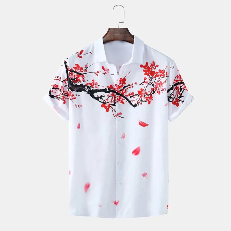 Summer New South East Asia Men's Casual Ink Painting Plum Blossom Short Sleeve Shirt Beach Shirt Cardigan