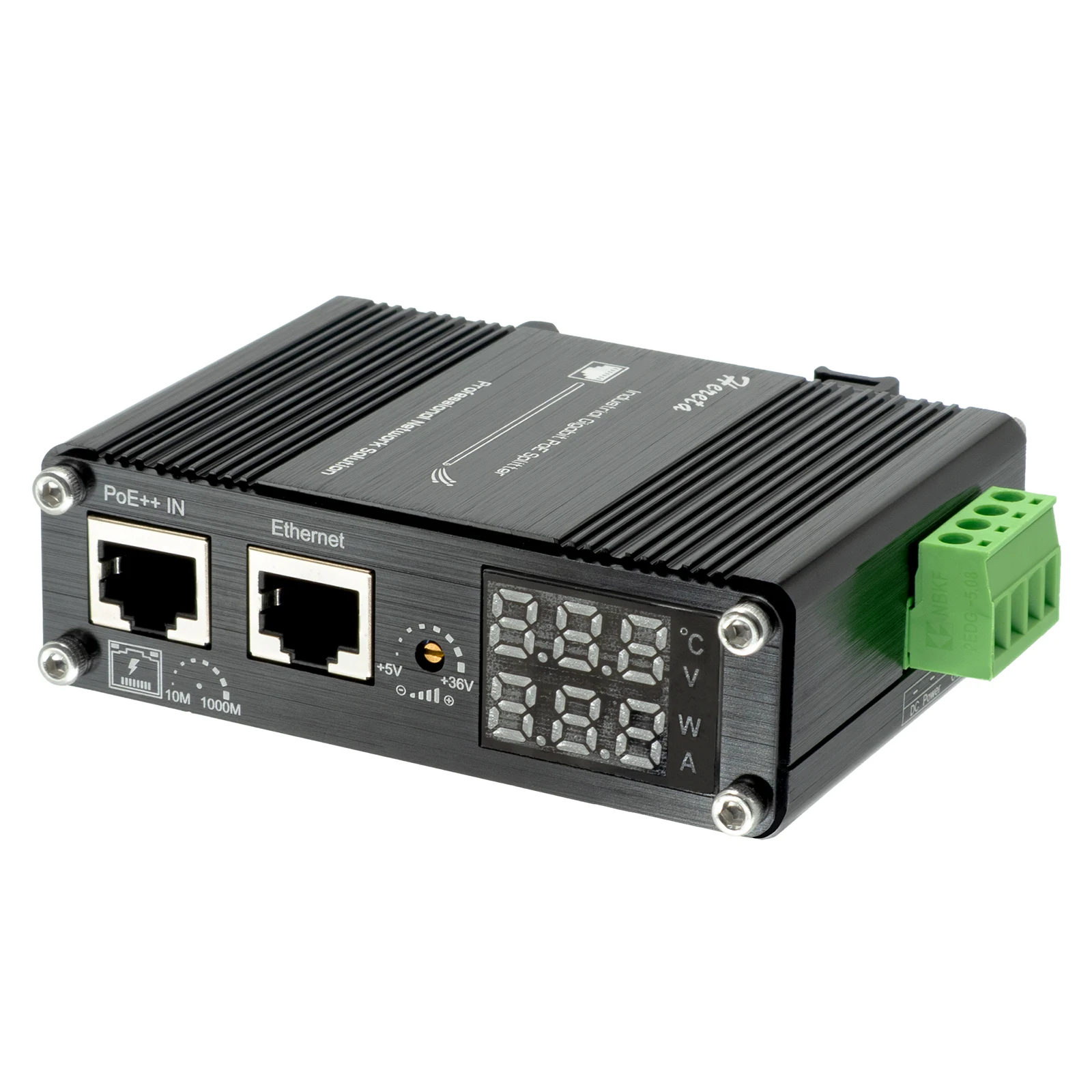 Industrial 10/100/1000Mbps 802.3bt PoE++ Splitter with LED Display and Adjustable Output Voltage 5~36VDC DIN Rail/Wall Mount